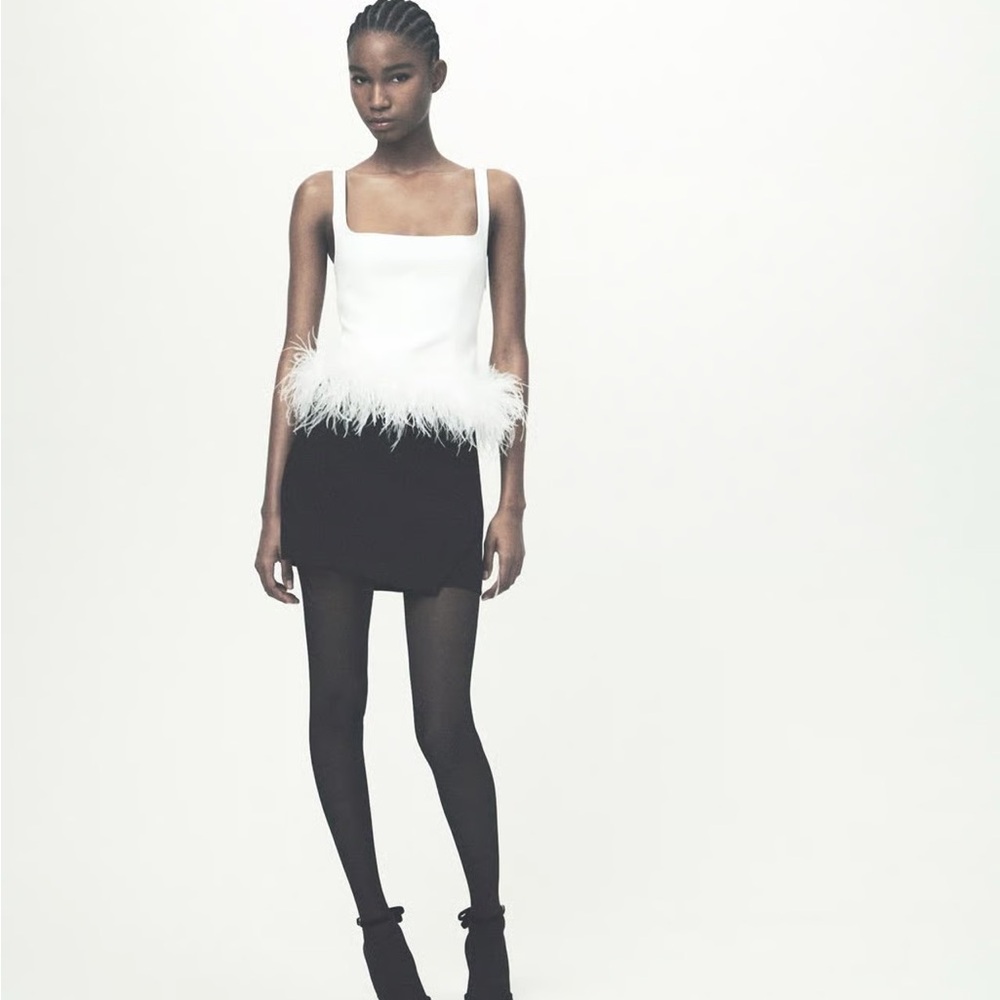 Zara White Feather Trim Top